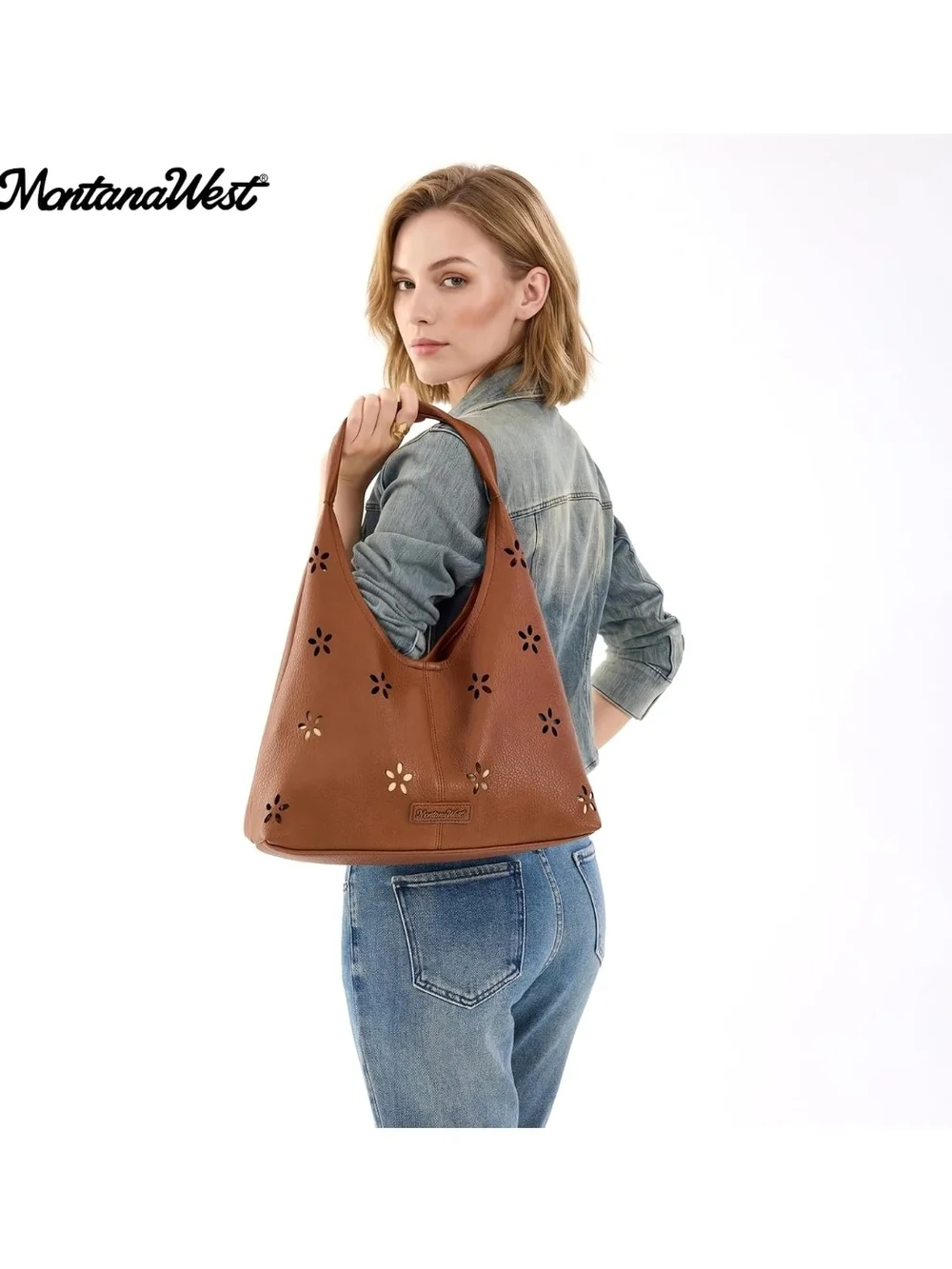 Montana West Tan Perforated Leather Shoulder Hobo with Pouch